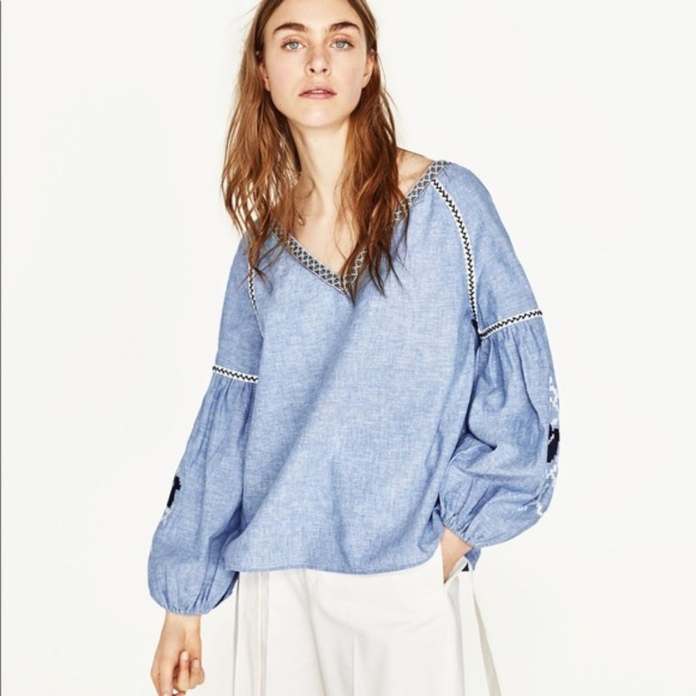 Zara Embroidered Linen Balloon Sleeve Indigo Floral Embroidery Blouse V-Neck M 8